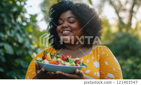 Happy plus size black woman holding bowl of fresh vegetables in garden Happy plus size black woman holding bowl of fresh vegetables in garden 121403547