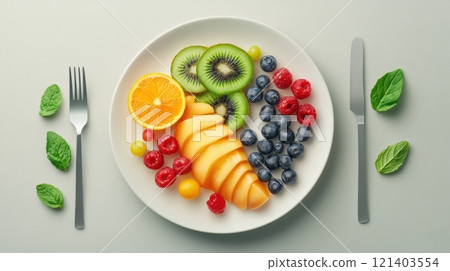 Vibrant arrangement of fresh fruit on a plate, promoting a healthy and colorful diet Vibrant arrangement of fresh fruit on a plate, promoting a healthy and colorful diet 121403554