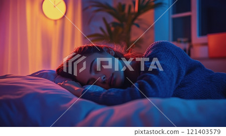 Young woman sleeping peacefully in bed at night with atmospheric lighting 121403579