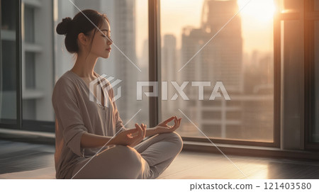 Young woman meditating in lotus pose at sunrise in front of city view 121403580