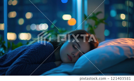 Young woman sleeping peacefully in bed at night with city lights in background 121403581