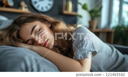 Young woman sleeping peacefully in bed at home Young woman sleeping peacefully in bed at home 121403582