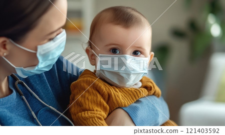 Doctor holding baby wearing protective face mask during medical examination 121403592