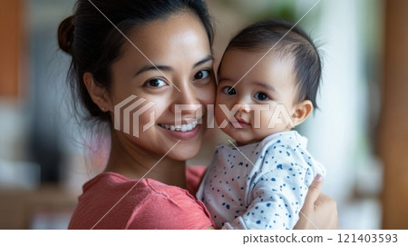 Happy mother holding her adorable baby at home 121403593