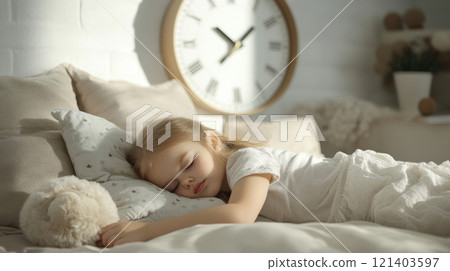 Little girl sleeping peacefully in bed with teddy bear and clock on wall 121403597