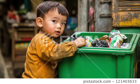 Poor asian child searching for food in garbage container 121403633