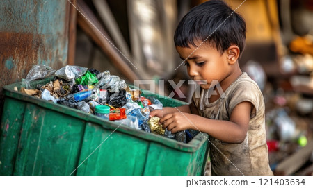 Poor child searching for recyclable materials in garbage dumpster 121403634