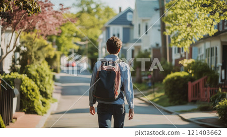 Student walking home from school in residential neighborhood Student walking home from school in residential neighborhood 121403662