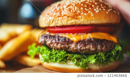 Delicious cheeseburger with lettuce and tomato served with french fries Delicious cheeseburger with lettuce and tomato served with french fries 121403668