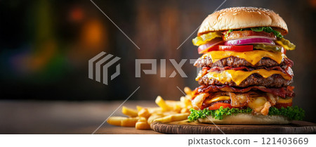 Delicious cheeseburger towering high with french fries on rustic wooden table Delicious cheeseburger towering high with french fries on rustic wooden table 121403669