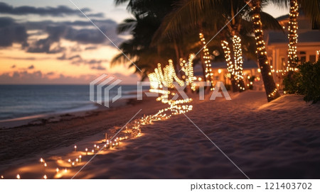 String lights illuminating sandy beach at sunset with palm trees 121403702