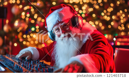 Santa claus working as a dj playing music during christmas party Santa claus working as a dj playing music during christmas party 121403718