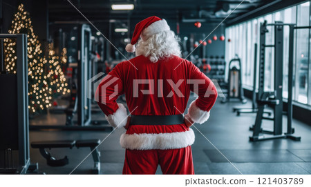 Santa claus is getting ready for christmas by working out in a gym Santa claus is getting ready for christmas by working out in a gym 121403789
