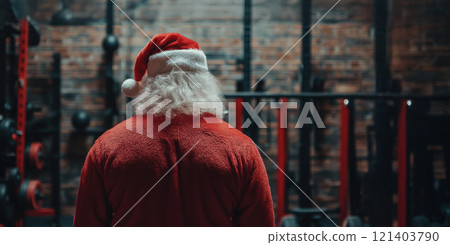Santa claus is getting ready for christmas by working out in a gym Santa claus is getting ready for christmas by working out in a gym 121403790