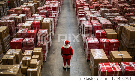 Santa claus inspecting christmas gifts in warehouse: festive season preparations Santa claus inspecting christmas gifts in warehouse: festive season preparations 121403791