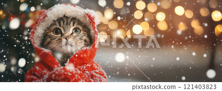 Cute kitten wearing red winter coat during snowfall at christmas time 121403823