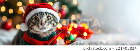 Cute tabby cat wearing christmas outfit posing near decorated christmas tree Cute tabby cat wearing christmas outfit posing near decorated christmas tree 121403824