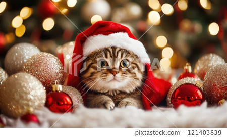Cute kitten wearing santa hat lying near christmas ornaments 121403839
