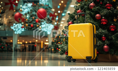 Yellow suitcase standing next to christmas tree in shopping mall Yellow suitcase standing next to christmas tree in shopping mall 121403859