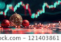 Bitcoin christmas ornament shining with stock market charts in background 121403861