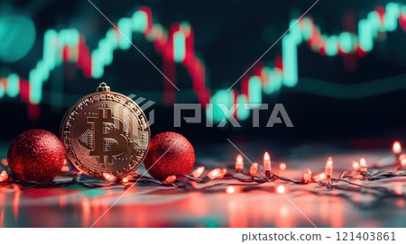 Bitcoin christmas ornament shining with stock market charts in background 121403861