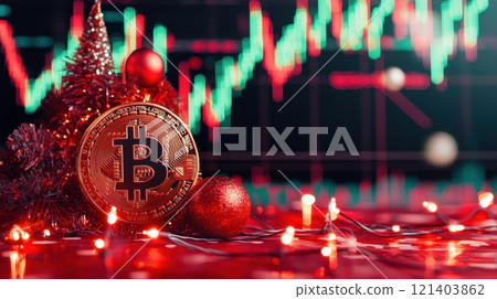 Bitcoin cryptocurrency shines during christmas with stock market charts displayed on screen Bitcoin cryptocurrency shines during christmas with stock market charts displayed on screen 121403862