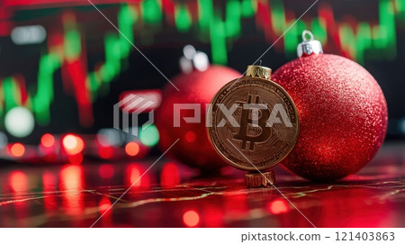 Bitcoin christmas ornament showing increasing cryptocurrency value during holiday season 121403863