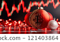 Bitcoin christmas crypto coin celebrating with red baubles and fairy lights 121403864