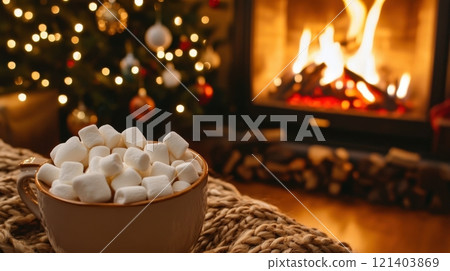 Cup of hot chocolate with marshmallows by the fireplace and christmas tree lights 121403869