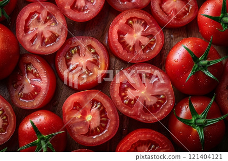 Fresh, juicy red tomatoes sliced and arranged with vibrant textures. A perfect top view for food photography, cooking, and organic produce themes 121404121