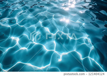 Bright blue swimming pool water with shimmering ripples and sunlight reflections. A serene aquatic background for summer, relaxation, and tropical visuals 121404124