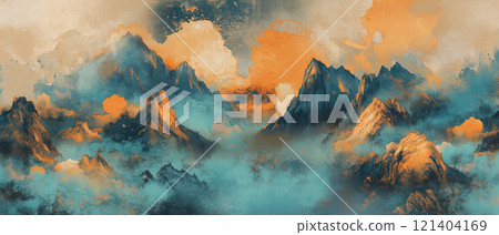 中国山水画山脉和云彩插画背景 中国山水画山脉和云彩插画背景 121404169