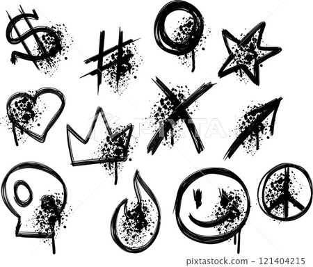 Graffiti art, urban spray doodle sticker. Black crown, arrow, heart paint graphic. Grunge abstract line brush drawing 121404215