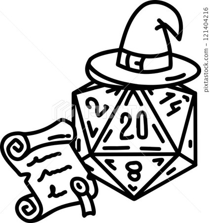 DND Dice Rpg board game character. Fantasy icosahedron wargame. 20-sided tabletop icon, cartoon style on white background DND Dice Rpg board game character. Fantasy icosahedron wargame. 20-sided tabletop icon, cartoon style on white background 121404216