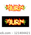 Text Burn with green leaves on black and white 121404421