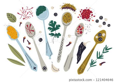 Vector illustration of colorful spices and herbs on spoons, flat cartoon style. Decorative culinary ingredients, garlic and cloves, turmeric, paprika, chili ground for cooking themes 121404646