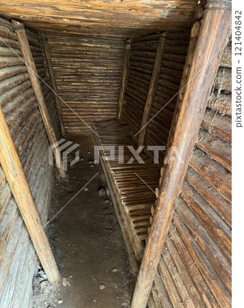 Historical Wooden Trench Interior with Rustic Design 121404842