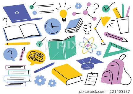 Vector illustration set of study icons, collection of books, notebooks, pens, pencils, backpack, doodles of graduation cap, ruler. Educational, academic, and back to school, flat cartoon style Vector illustration set of study icons, collection of books, notebooks, pens, pencils, backpack, doodles of graduation cap, ruler. Educational, academic, and back to school, flat cartoon style 121405187