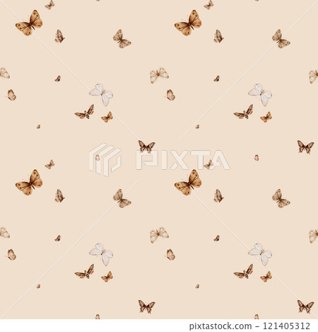 Brown and beige butterflies in vintage style on a beige background, seamless pattern. Watercolor illustration. For fabric,textiles, wallpaper, wrapping paper, wrappers, covers, prints, clothing. 121405312