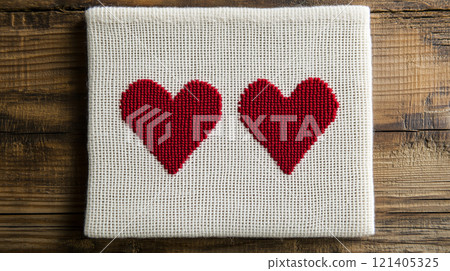 Two embroidered red hearts on white canvas for Valentine's Day decor. 121405325