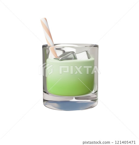 Glass of green juice with ice cubes and tube 3D plastic cartoon vector icon, fresh tea or cocktail beverage drink menu 121405471