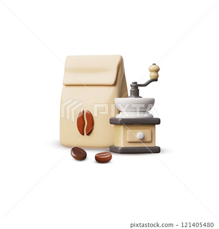 Vector 3d illustration with the image of a coffee grinder with a paper bag and coffee beans. 121405480