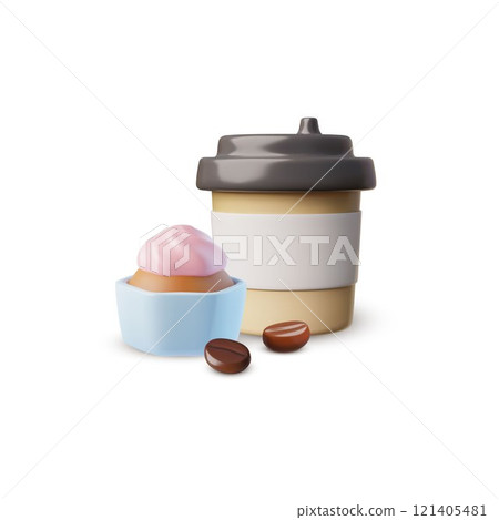 Takeaway Coffee or tea, Coffee to go with cupcake and coffee beans 3D cartoon plastic vector icon, hot beverage, bakery Takeaway Coffee or tea, Coffee to go with cupcake and coffee beans 3D cartoon plastic vector icon, hot beverage, bakery 121405481
