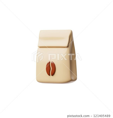 Paper bag package with coffee bean label 3D cartoon vector icon, kraft pouch package, takeaway product wrap pack mockup 121405489