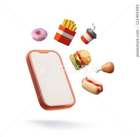 Online shopping Fast food 3D cartoon plastic style vector icons set, render hamburger, French fries, hot dog, smartphone Online shopping Fast food 3D cartoon plastic style vector icons set, render hamburger, French fries, hot dog, smartphone 121405493