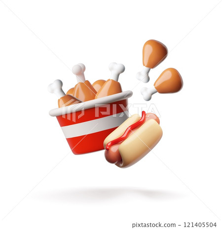 3d fast food: chicken legs, hot dog with sausage in a bun poured with ketchup 3d fast food: chicken legs, hot dog with sausage in a bun poured with ketchup 121405504