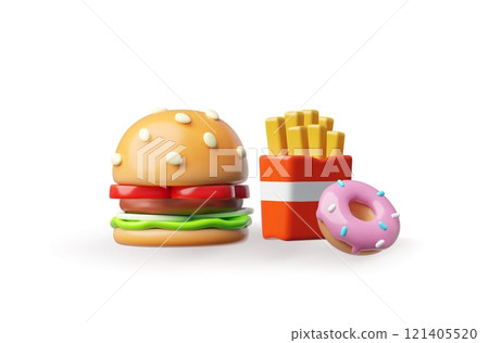 3D icons fast food: hamburger with a sesame bun, French fries and a sweet donut. 121405520