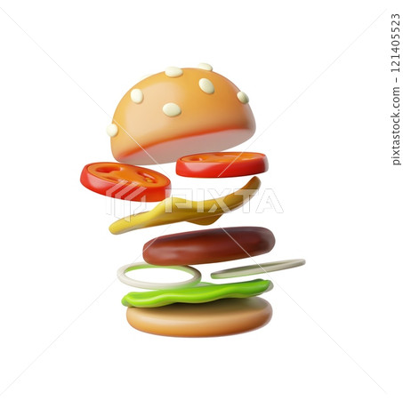 Realistic Hamburger 3D cartoon plastic style vector icon, fast food takeaway eating, jumping bun, grilled beef, cheese Realistic Hamburger 3D cartoon plastic style vector icon, fast food takeaway eating, jumping bun, grilled beef, cheese 121405523