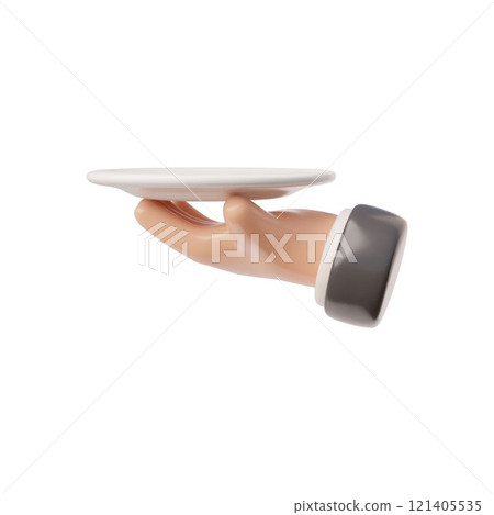 3d icon hand of a waiter in an elegant suit who holds a plate 121405535
