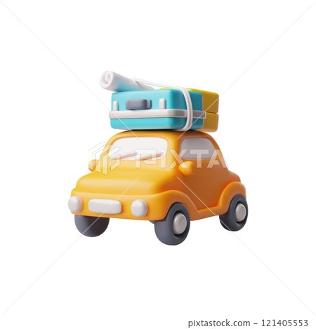 Vector 3d illustration of a passenger car, yellow with suitcases on the roof. Vector 3d illustration of a passenger car, yellow with suitcases on the roof. 121405553